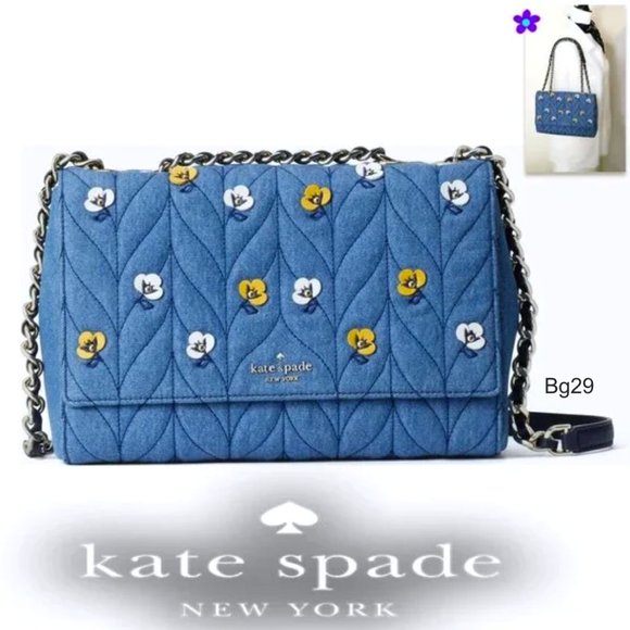 Kate Spade Emelyn Briar Lane Quilted Blue Denim 3D Flowers Shoulder Purs… - Picture 1 of 12